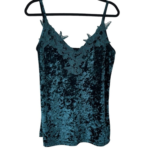 Y2K Crushed Velvet Spaghetti Strap Floral Lace Deep Teal / Dark Green Cami Small - Picture 1 of 7